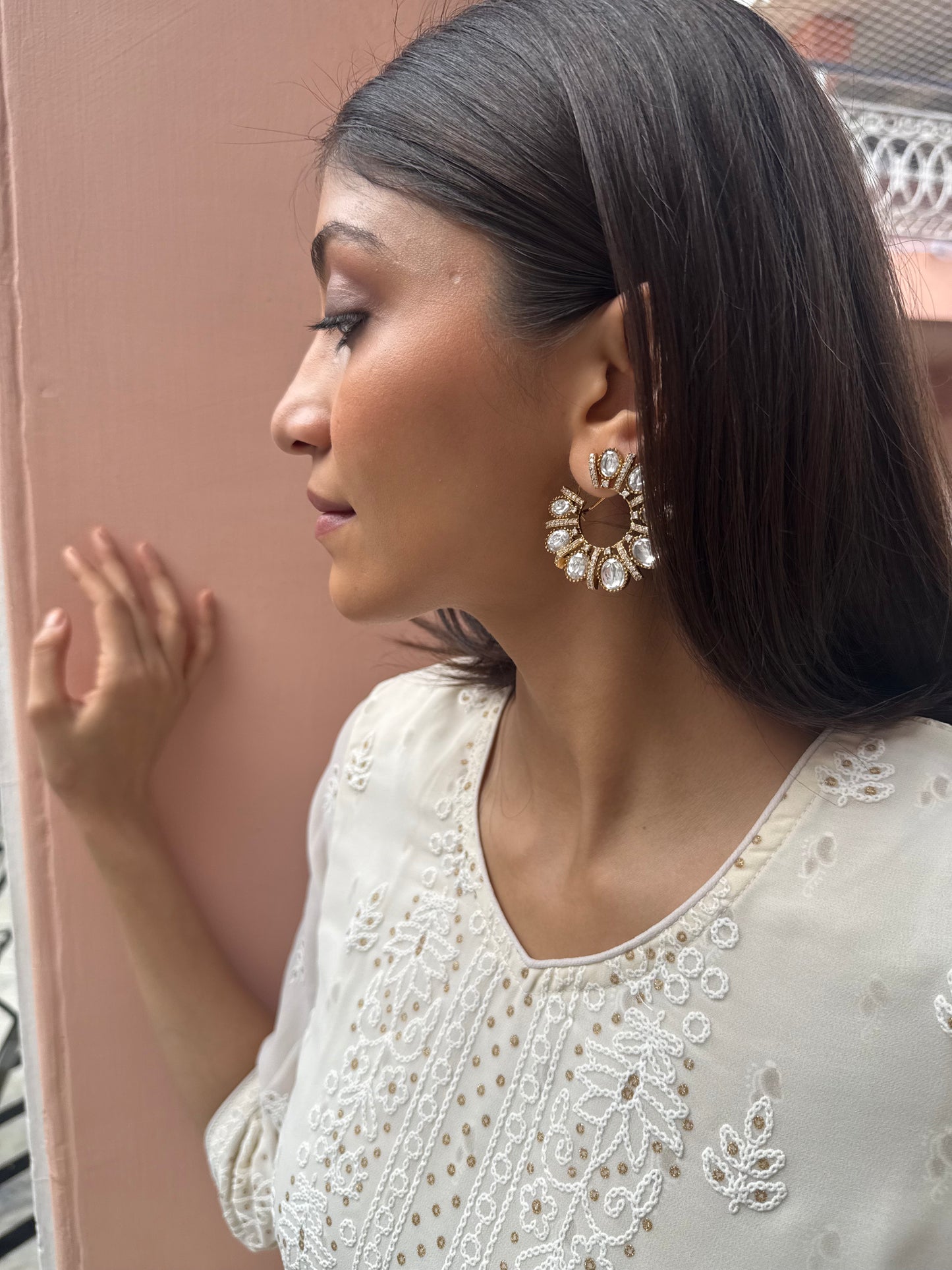 FALAK BIG  WHITE POLKI EARRINGS WITH SEMI-PRECIOUS STONE WITH BASRA MOTI