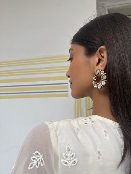 FALAK BIG  WHITE POLKI EARRINGS WITH SEMI-PRECIOUS STONE WITH BASRA MOTI
