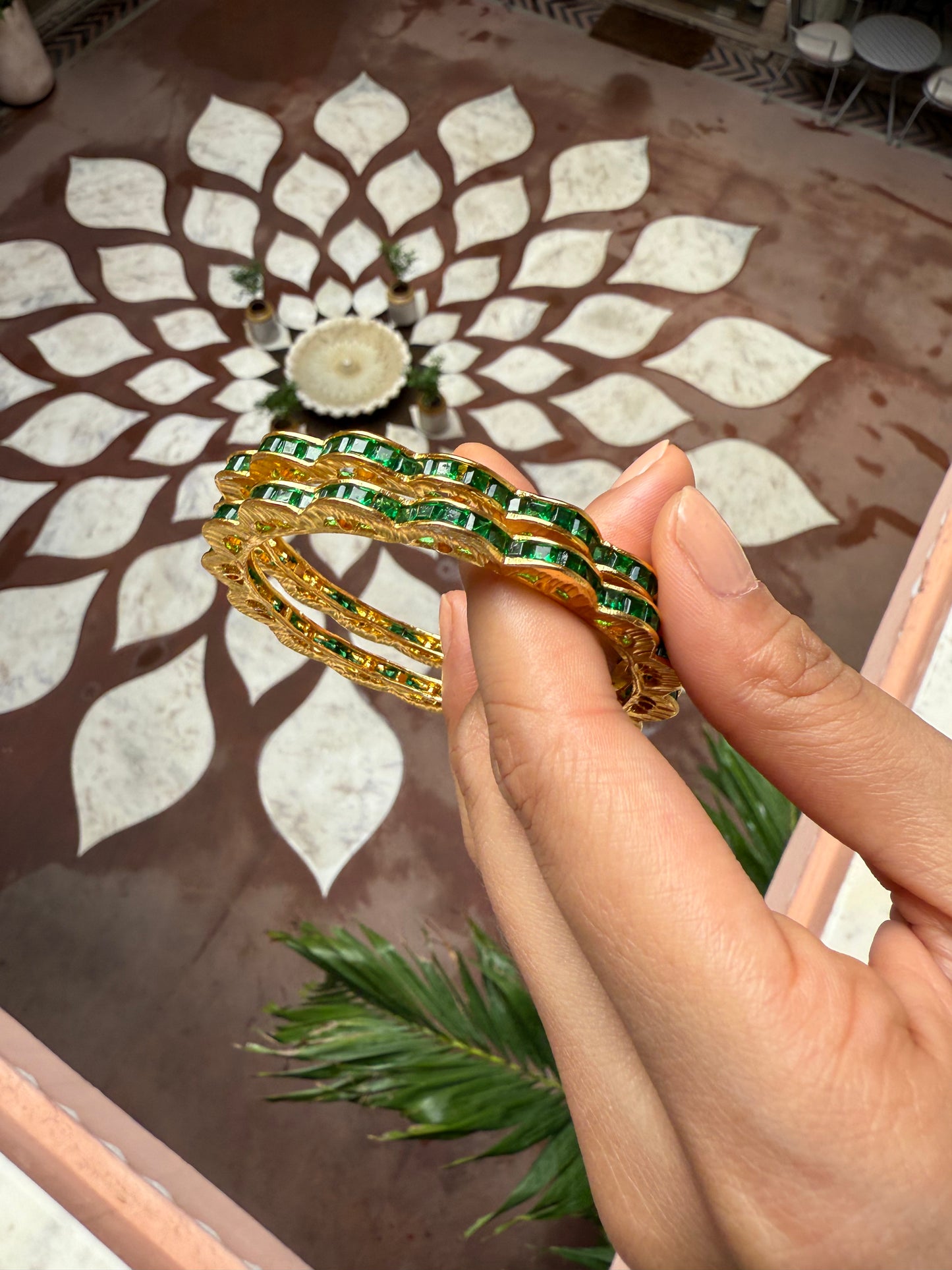 SCALLOPED EDGE BANGLES WITH GREEN DETAILING