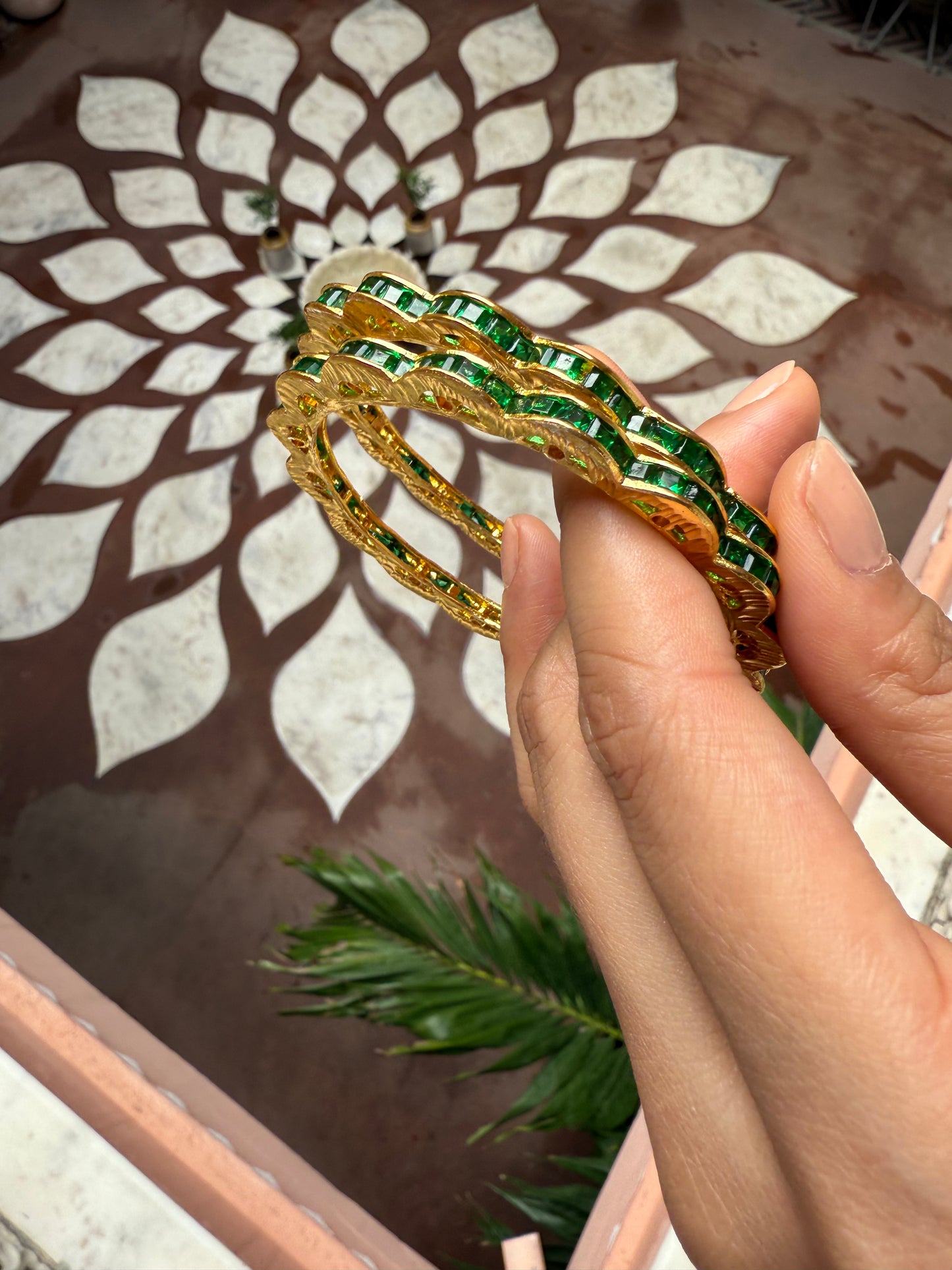 SCALLOPED EDGE BANGLES WITH GREEN DETAILING