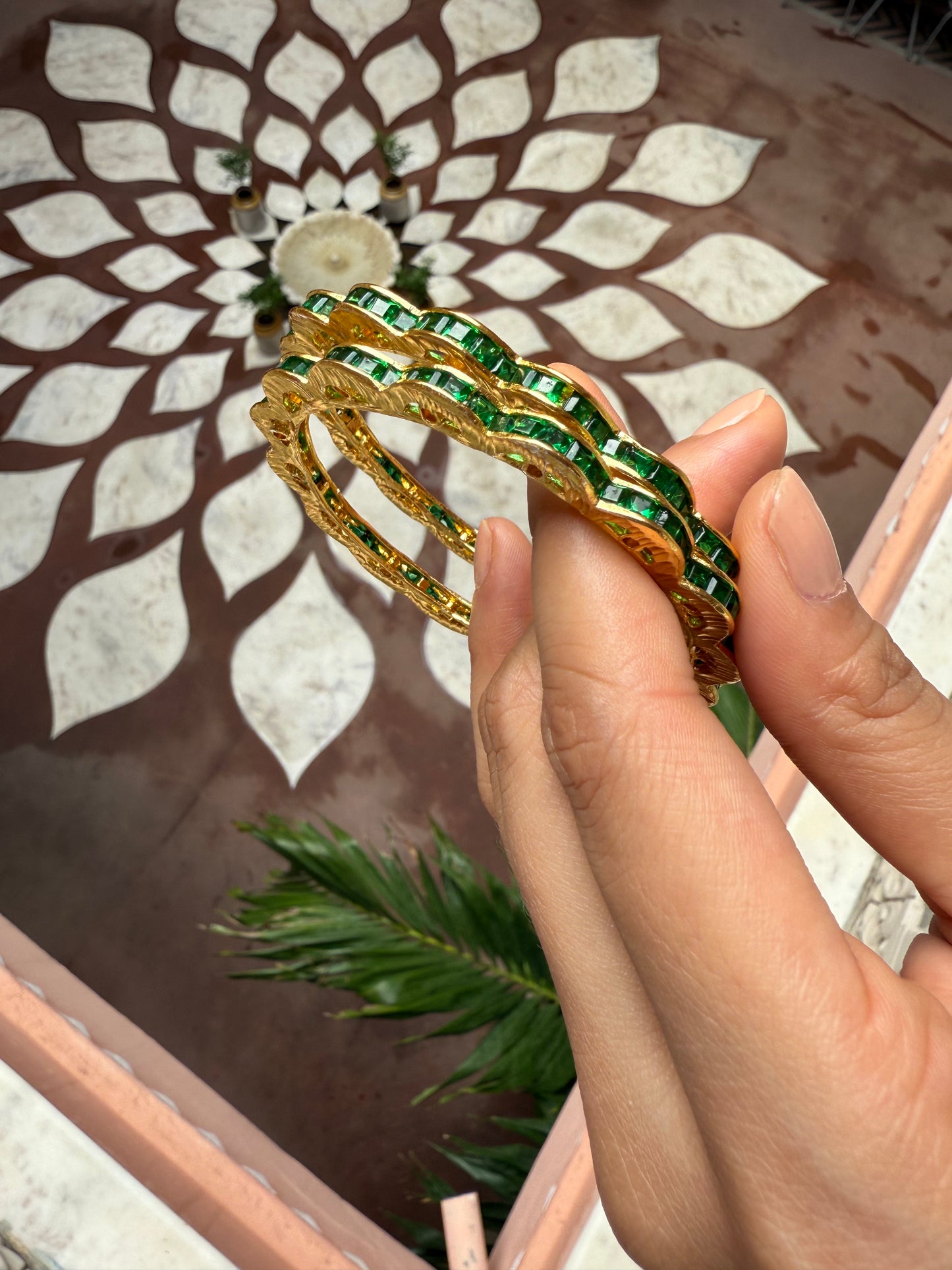 SCALLOPED EDGE BANGLES WITH GREEN DETAILING