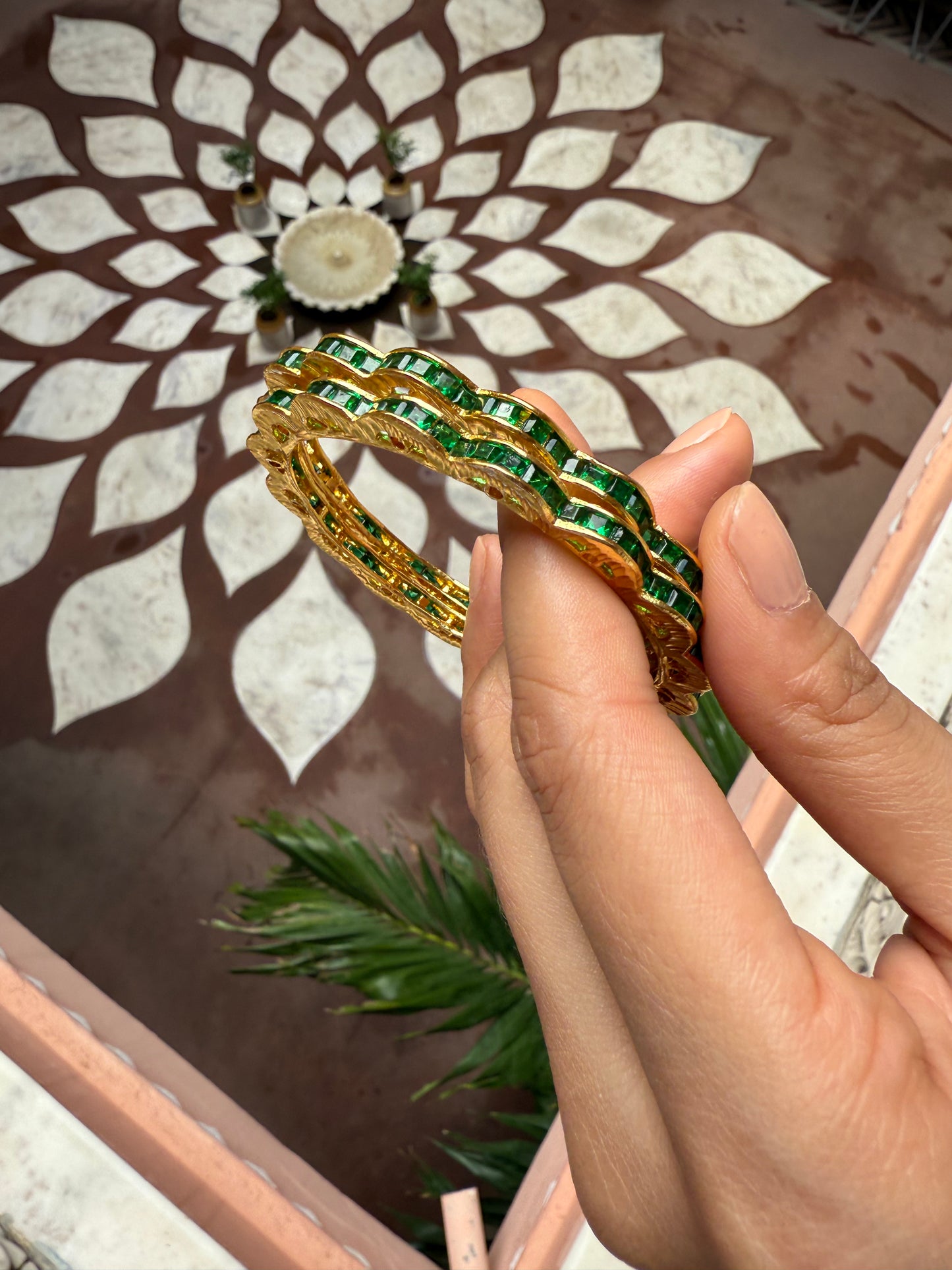 SCALLOPED EDGE BANGLES WITH GREEN DETAILING
