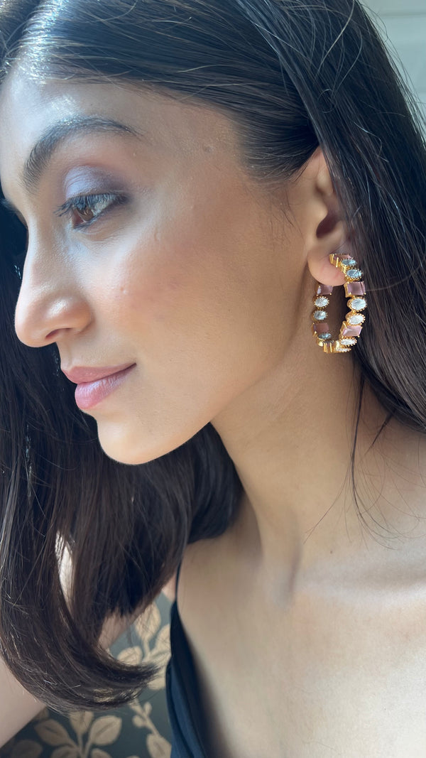 Arpita Pink Square Semi Precious Stone Hoop Earrings