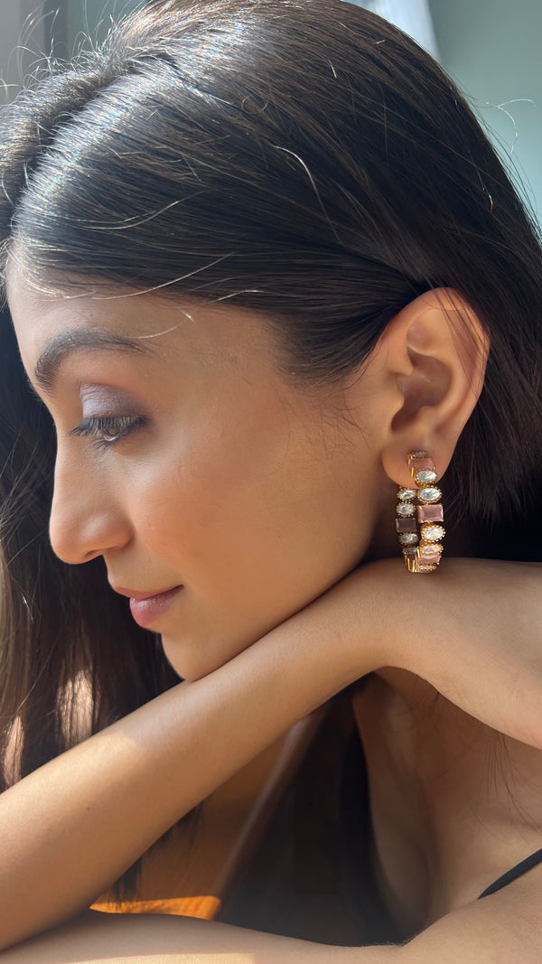 Arpita Pink Square Semi Precious Stone Hoop Earrings