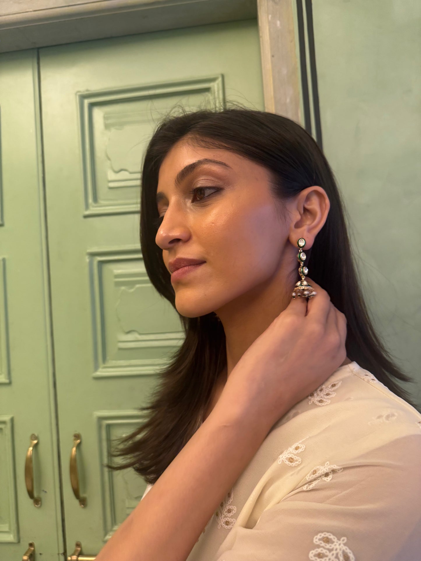 AAVYA GREEN SP POLKI BASAR PEARL EARRINGS