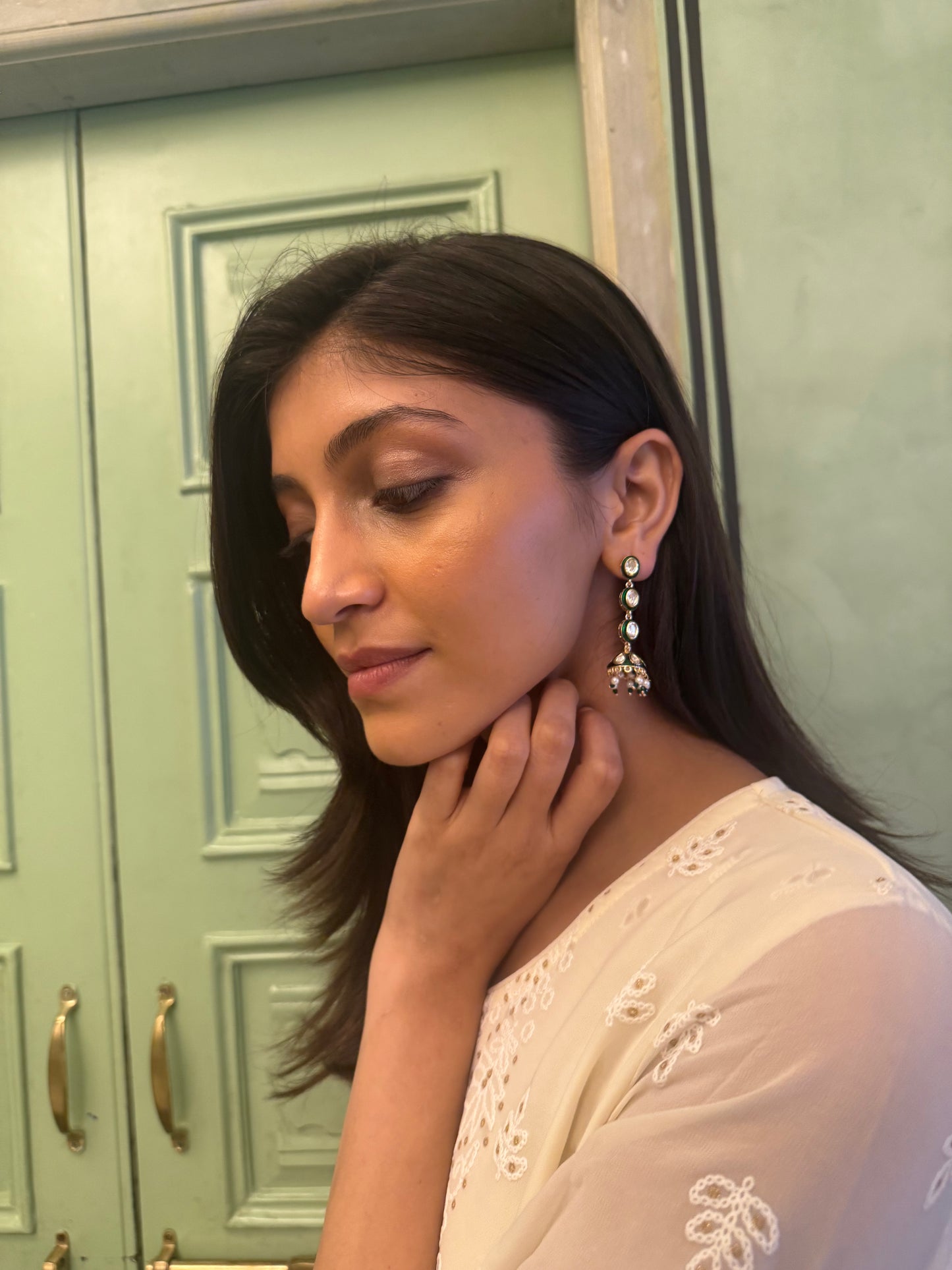 AAVYA GREEN SP POLKI BASAR PEARL EARRINGS
