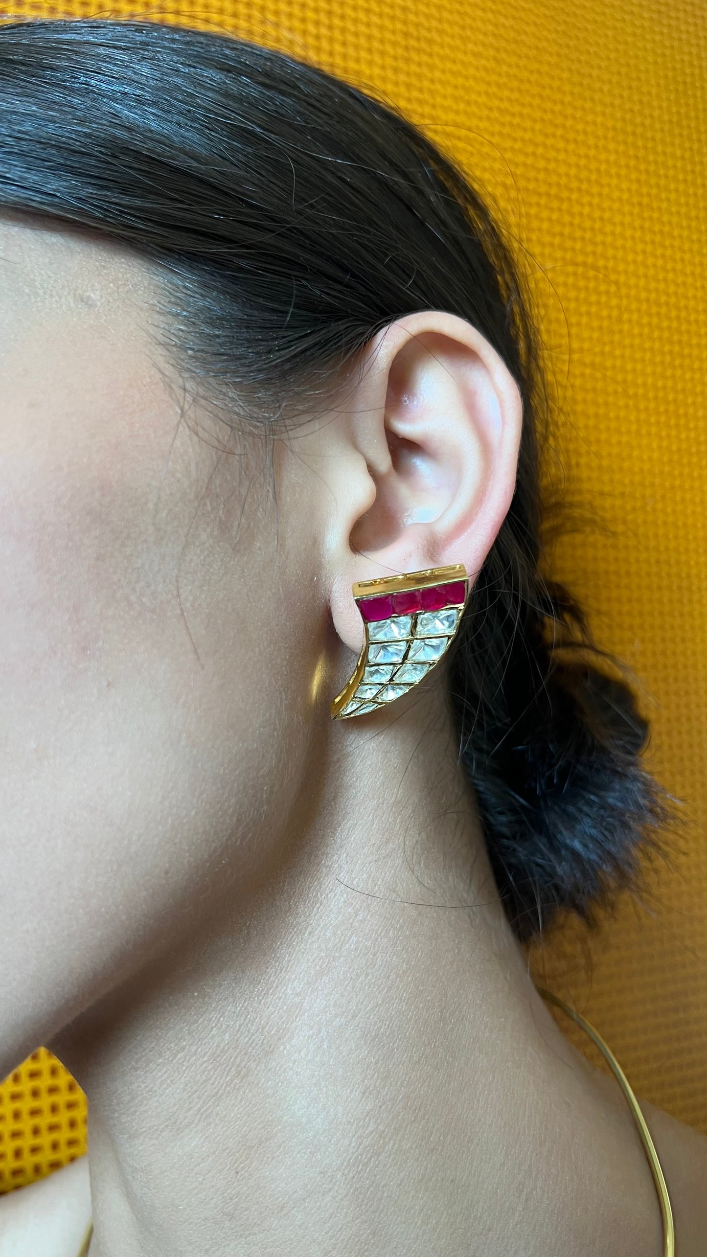 ADRIKA TUSK RED POLKI SILVER EARRINGS