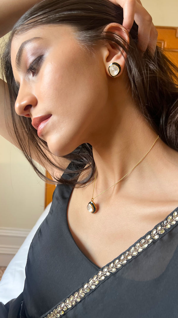 Vani Black Enamel Single Polki Earrings with Pendant and Chain