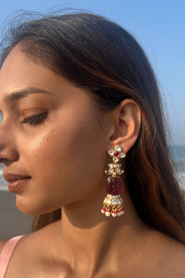 PRIYA HEAVY BELL WHITE AND RED POLKI EARRINGS SEMI-PRECIOUS STONE WITH BASRA MOTI