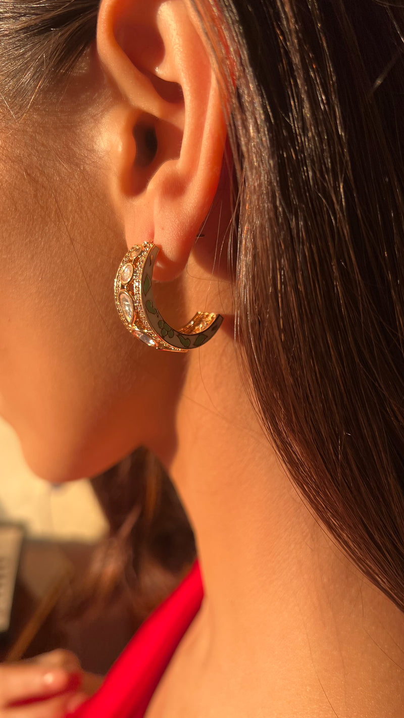 RINAL Moon Shaped White & Green Hoop Earrings