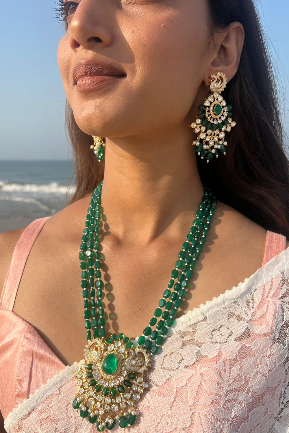 Emerald Stone Necklace with Long Polki Earrings