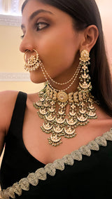 DEVYANI SP White & Green Stone with Basra Moti Necklace & Earrings