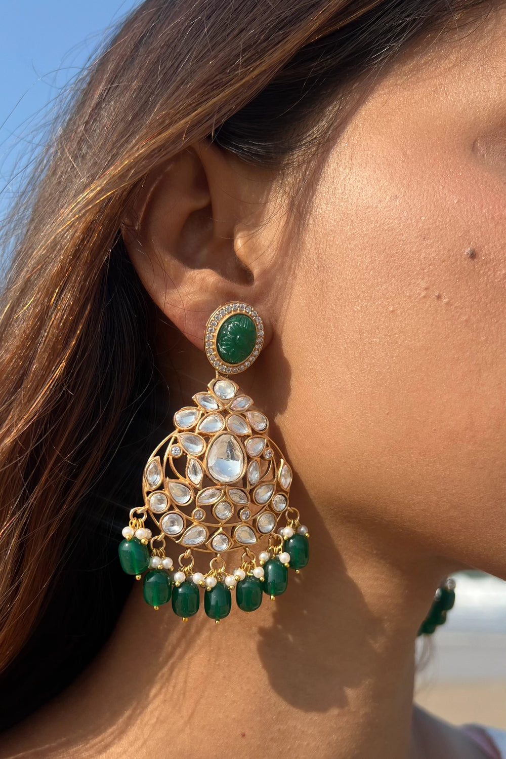 Green Stone Basra Moti Earrings