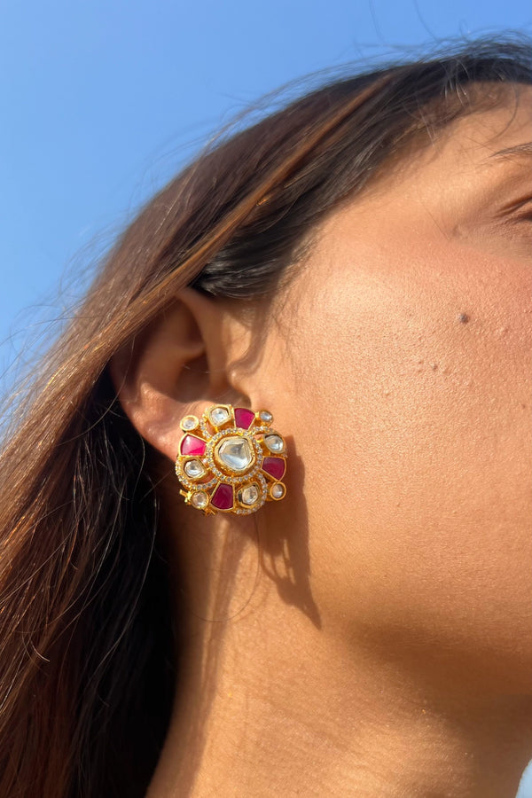 AARADHYA WHITE AND RED CHAKRA POLKI EARRINGS WITH SEMI-PRECIOUS STONE WITH BASRA MOTI