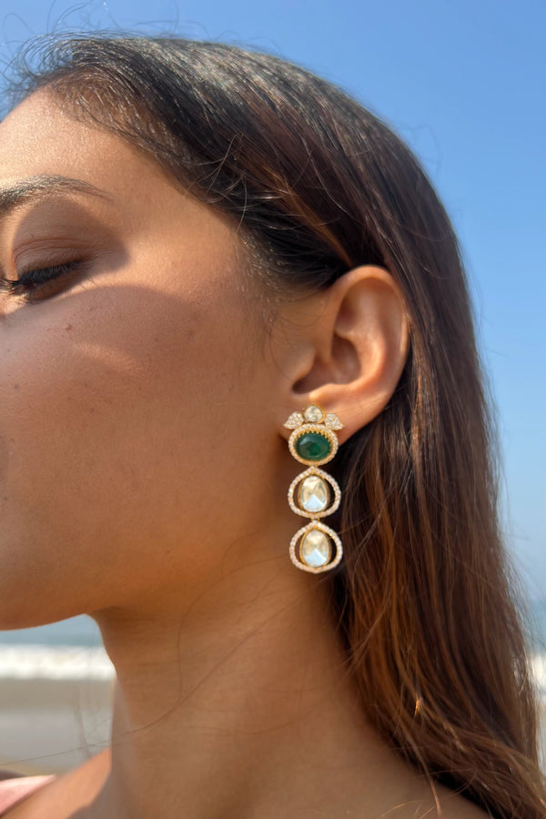 AWARA GREEN AND WHITE POLKI EARRINGS WITH SEMI-PRECIOUS STONE WITH BASRA MOTI