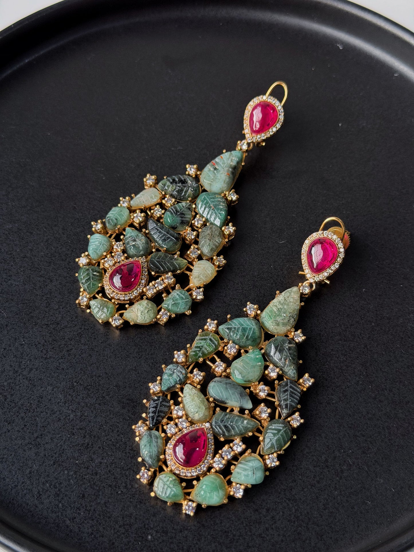 NALINI EMERALD RUBY TEARDROP MULTICOLOURED STONES SP POLKI EARRINGS