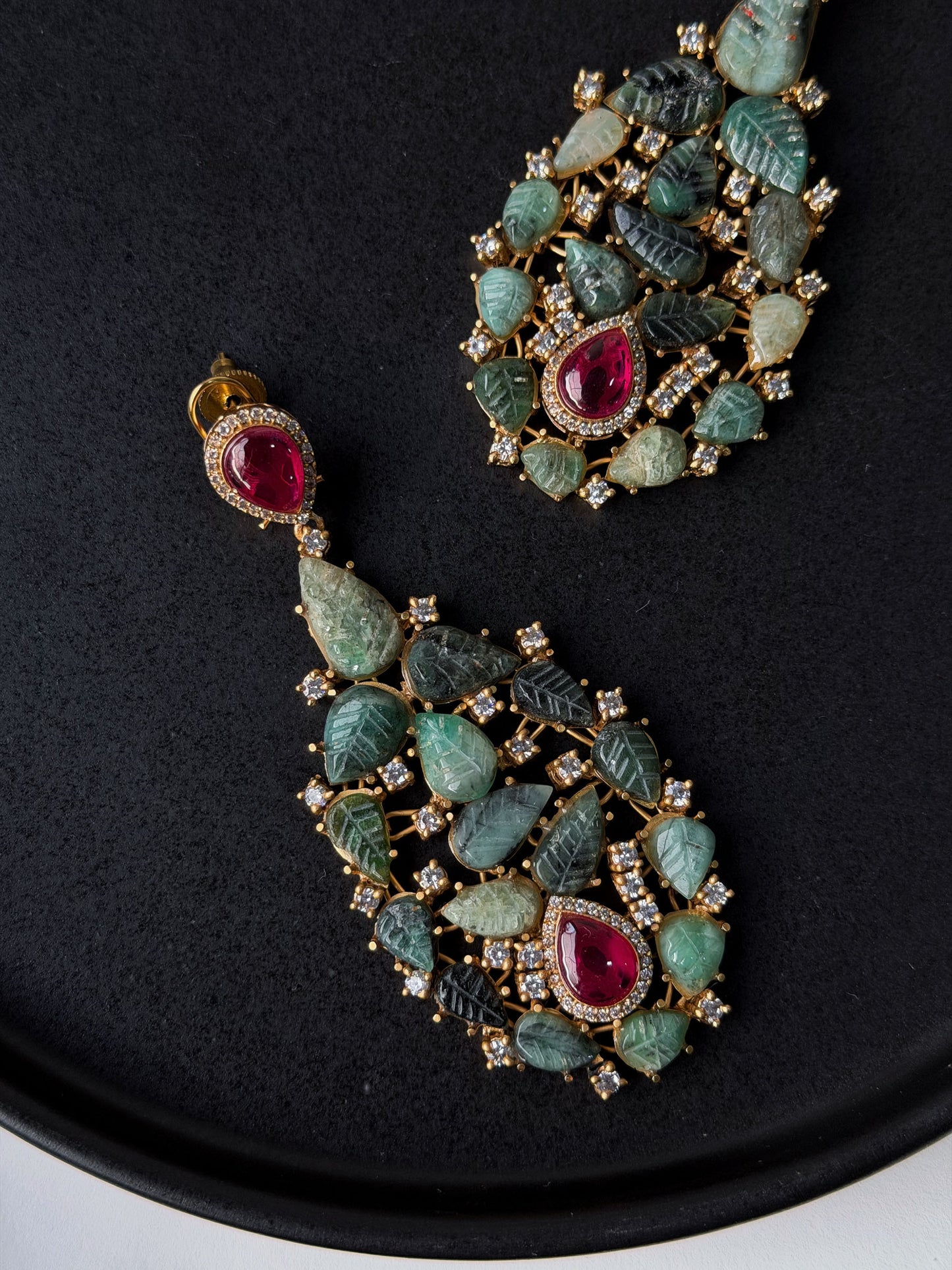 NALINI EMERALD RUBY TEARDROP MULTICOLOURED STONES SP POLKI EARRINGS