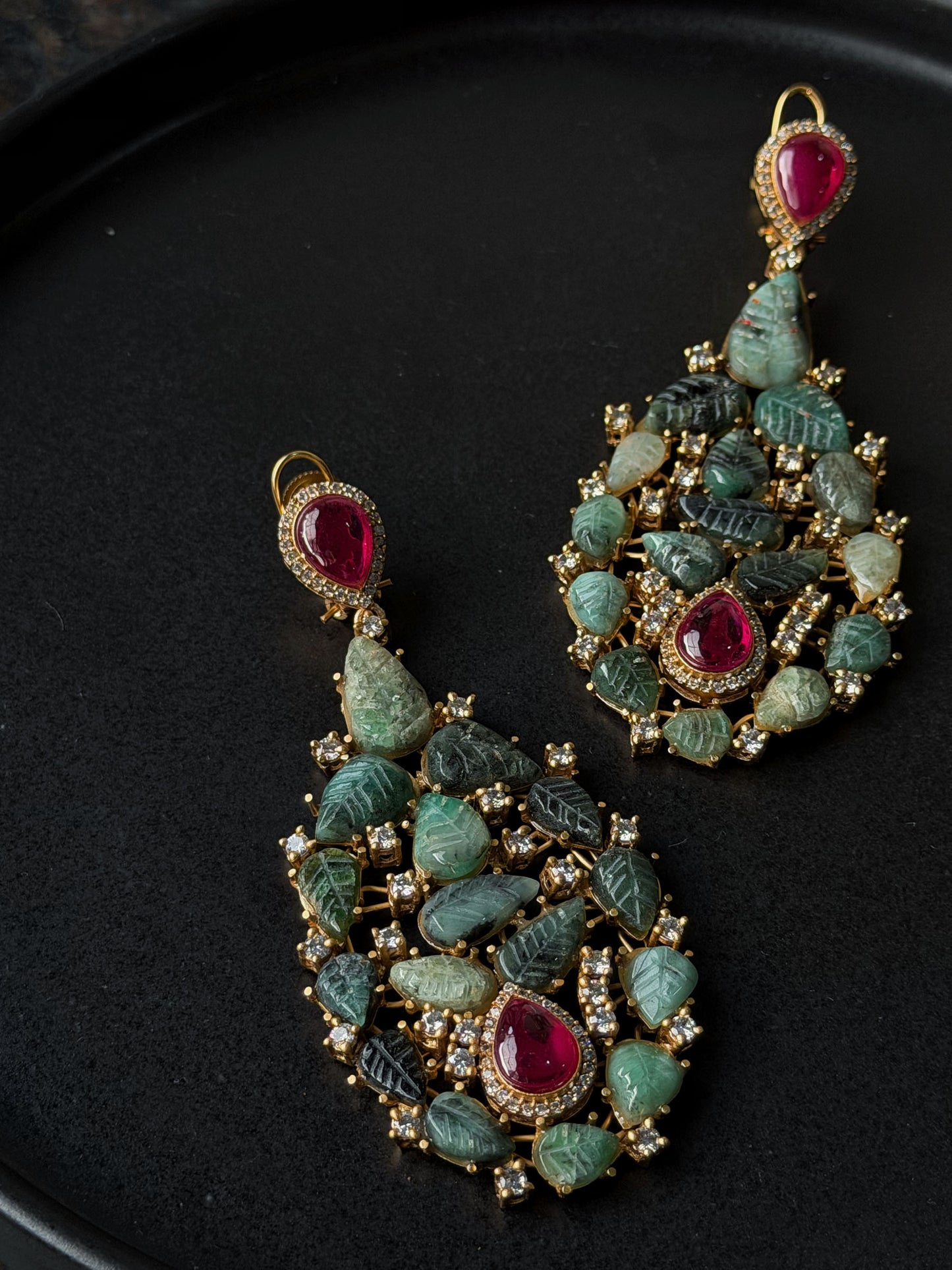 NALINI EMERALD RUBY TEARDROP MULTICOLOURED STONES SP POLKI EARRINGS
