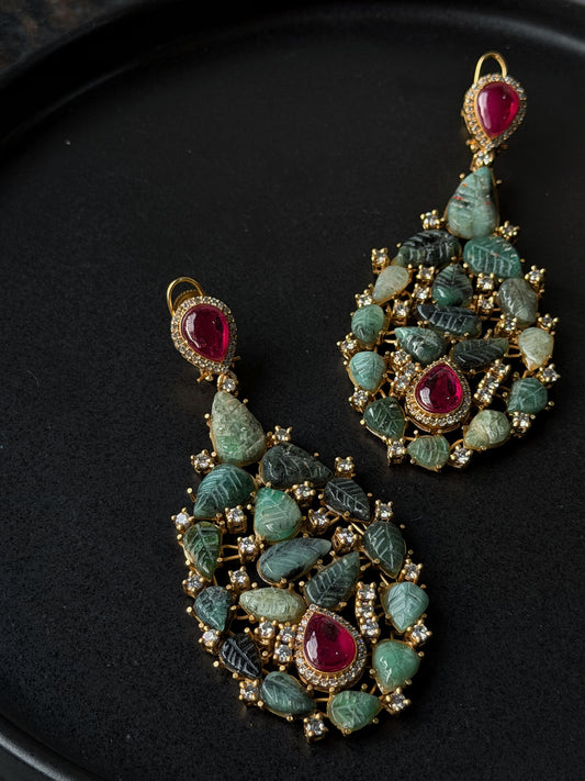 NALINI EMERALD RUBY TEARDROP MULTICOLOURED STONES SP POLKI EARRINGS