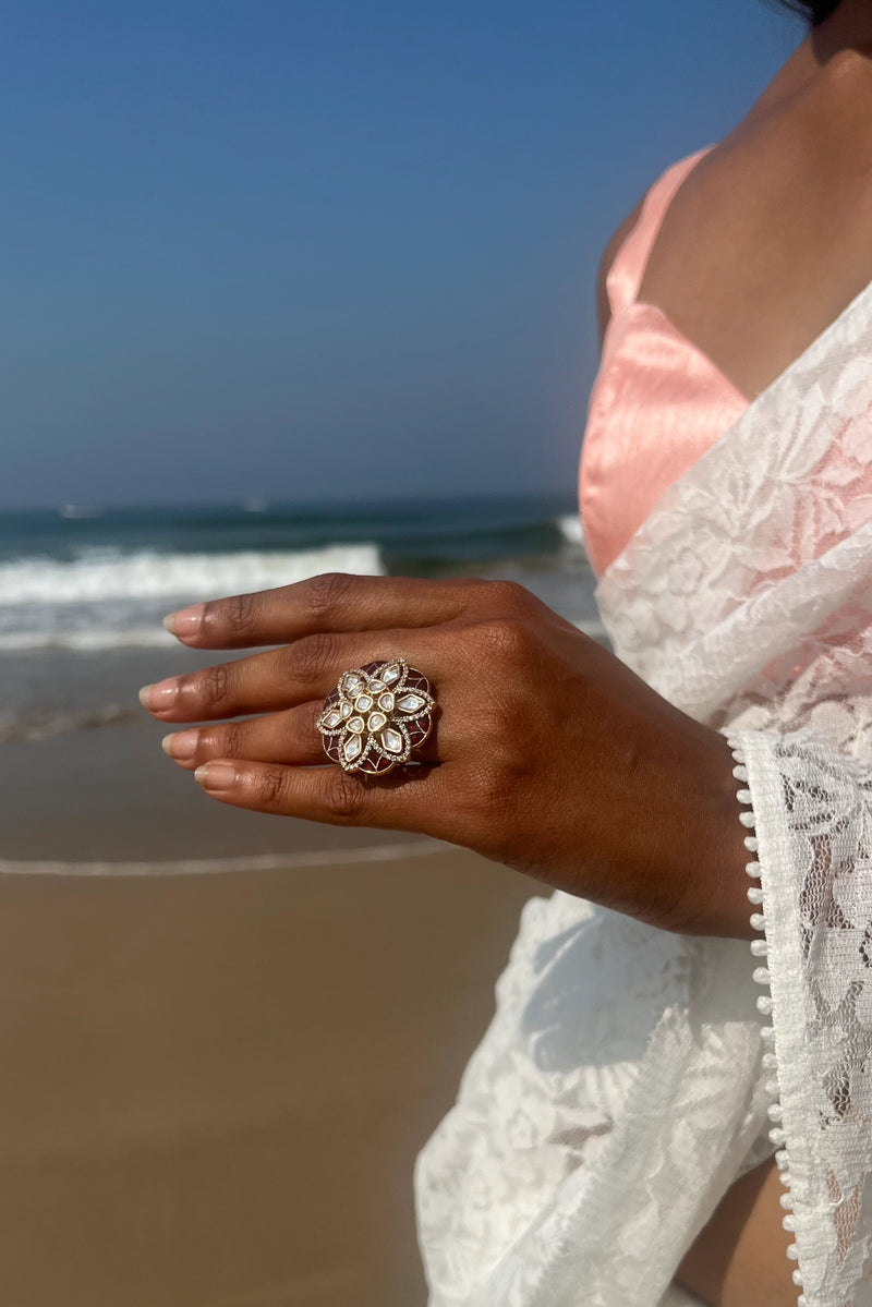 flower-patterned polki ring