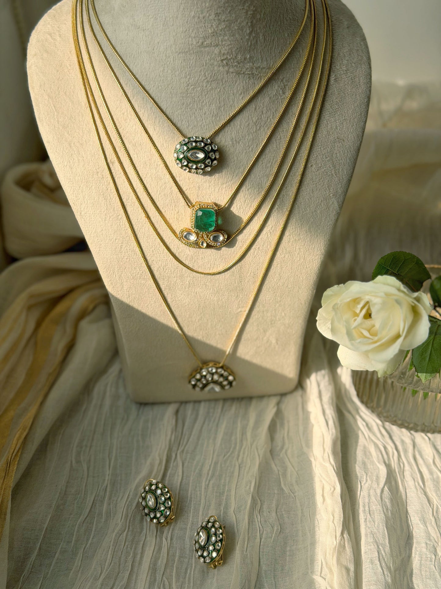 SAJNI MULTI-LAYER POLKI NECKLACE SET WITH EMERALD DETAIL