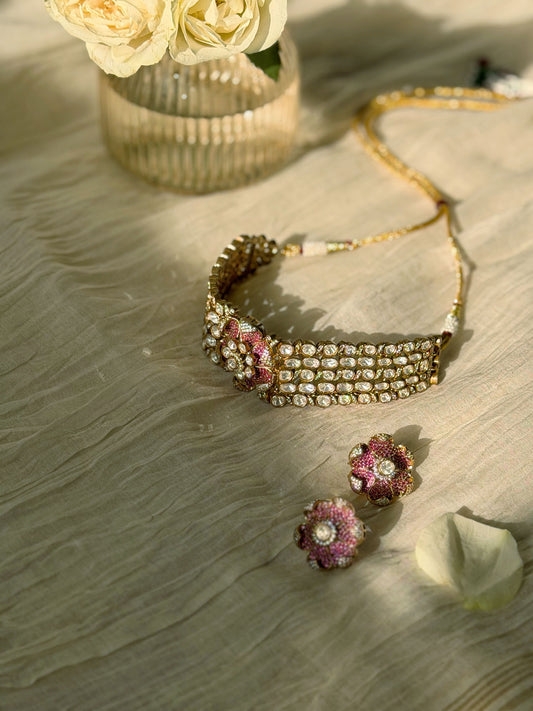 YASHVI RUBY BEAD FLORAL CHOKER SET
