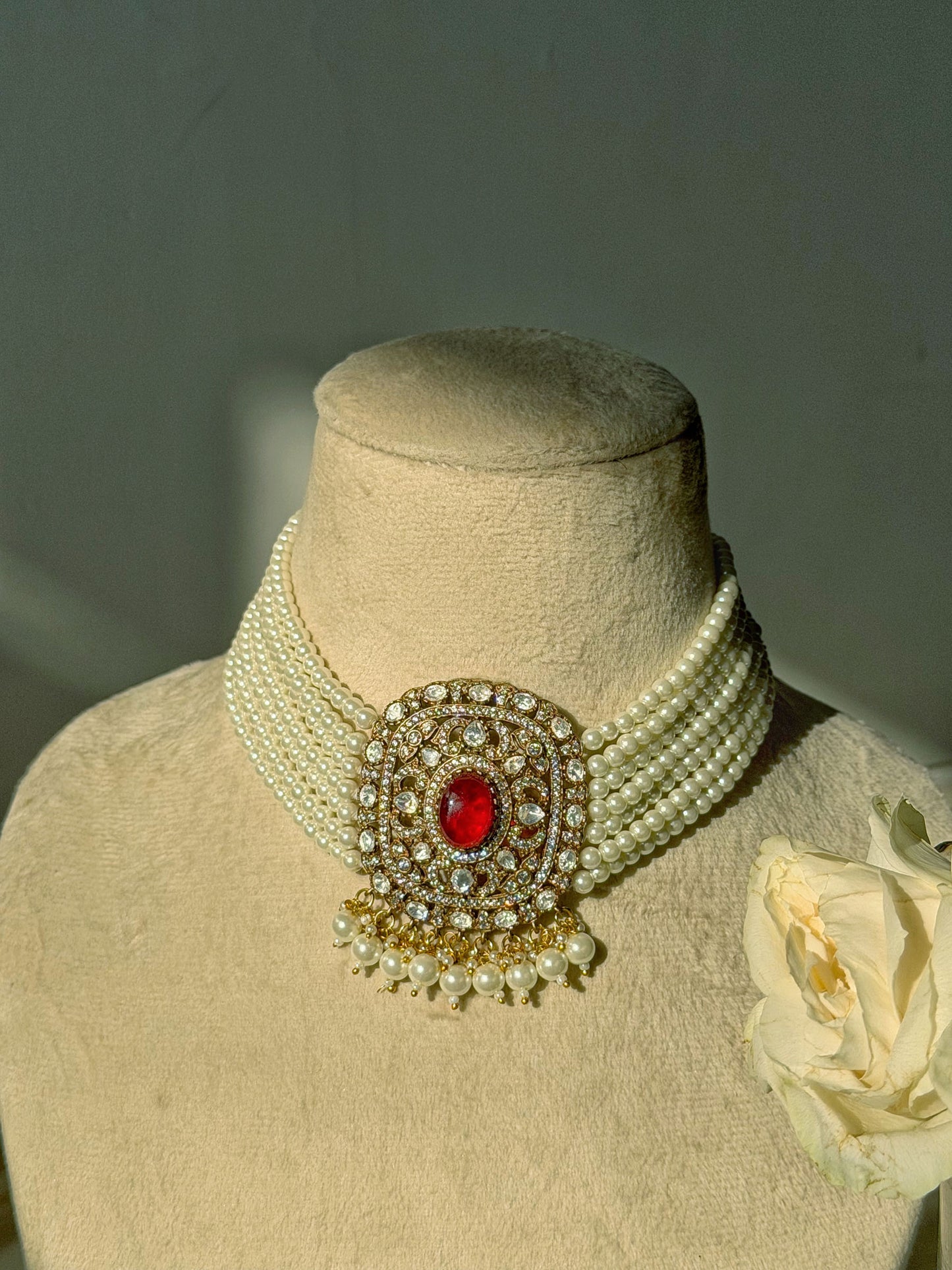 SIMRAN RED STONE GOLD PEARL CHOKER SET