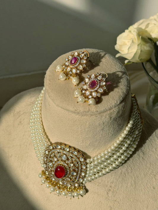 SIMRAN RED STONE GOLD PEARL CHOKER SET