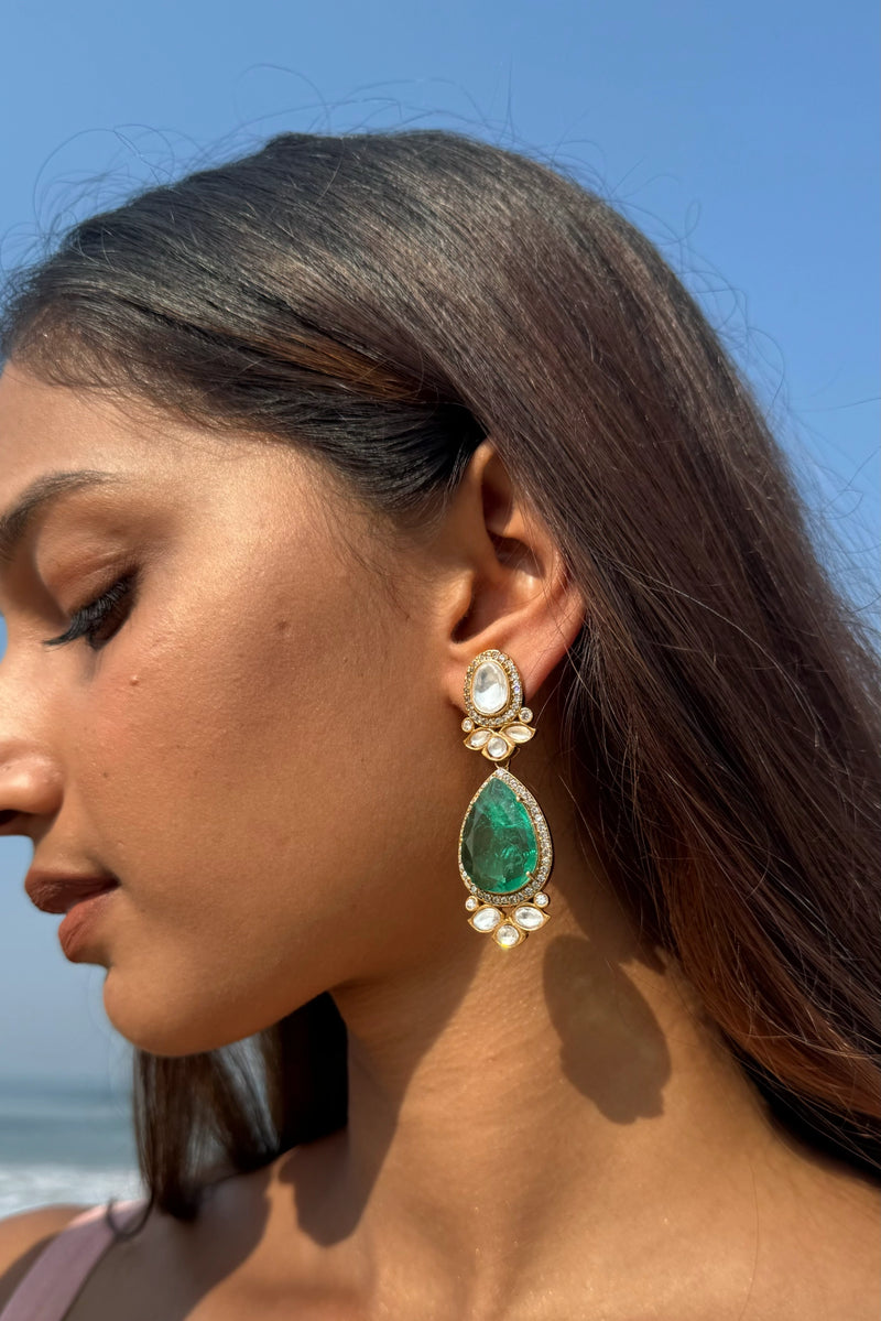 ANANYA GREEN STONE AND POLKI EARRINGS WITH SEMI-PRECIOUS STONE WITH BASRA MOTI