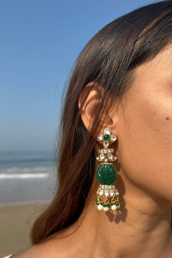 DIYA DARK GREEN LONG POLKI EARRINGS WITH SEMI-PRECIOUS STONE WITH BASRA MOTI