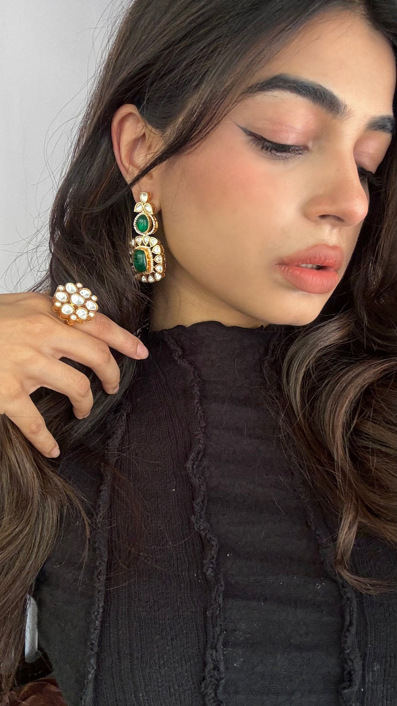 SUNITA GREEN SEMI PRECIOUS STONE AND POLKI EARRINGS