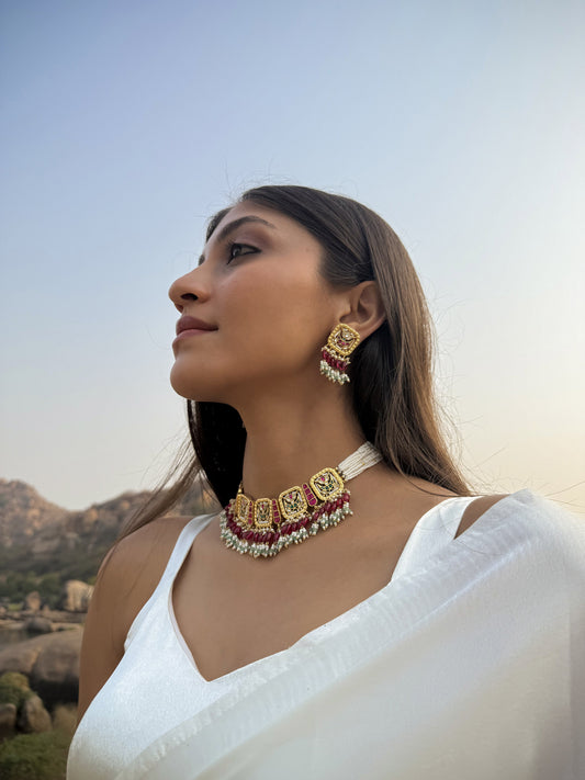 Gehna multicolour Bloom SP Polki Basra Pearl Necklace Set