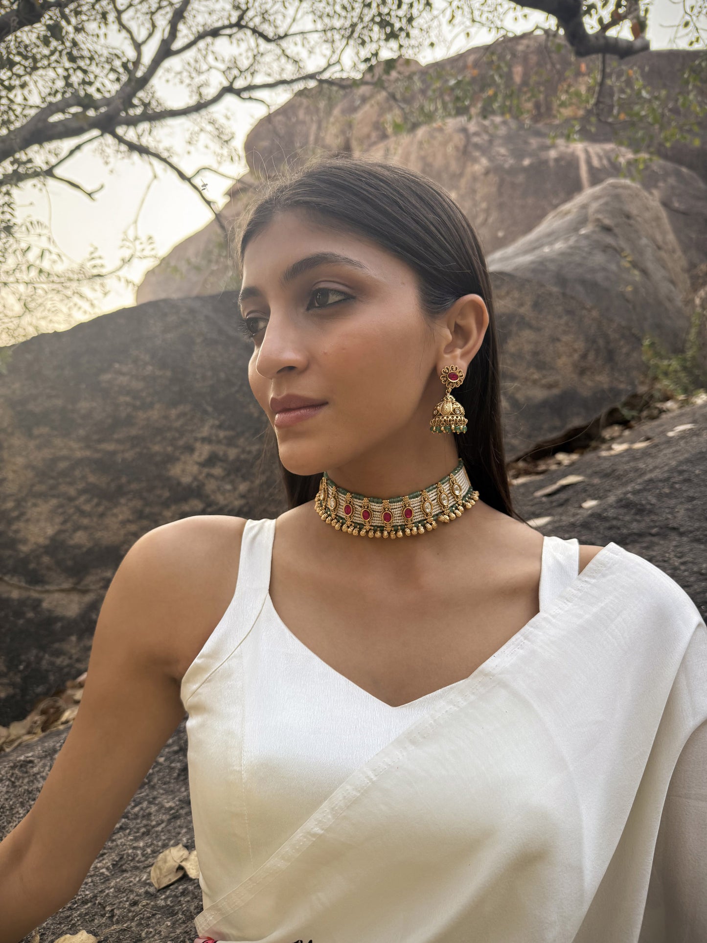Elina Ruby Crescent SP Polki Necklace Set