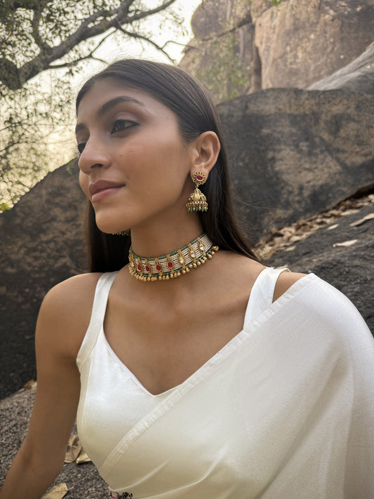 Elina Ruby Crescent SP Polki Necklace Set