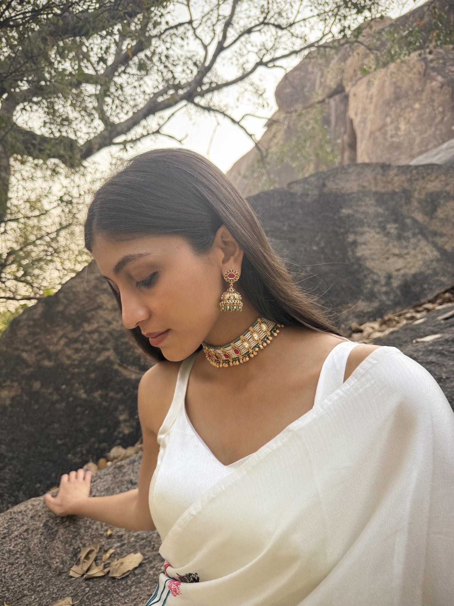 Elina Ruby Crescent SP Polki Necklace Set