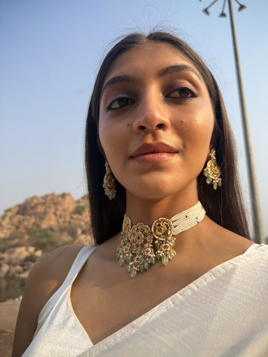 Falak Emerald Floral SP Polki Necklace Set