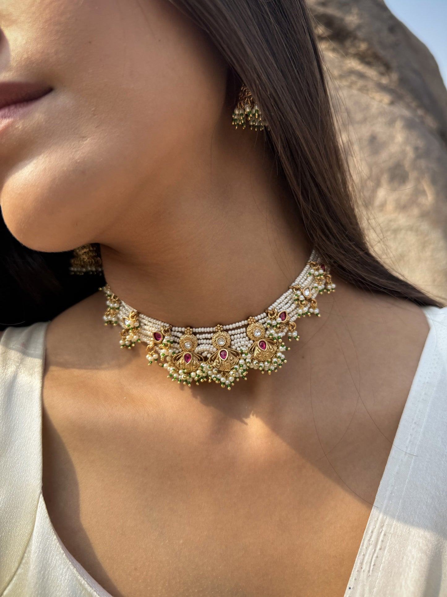 Eshmita Pearl Blossom SP Polki Necklace Set