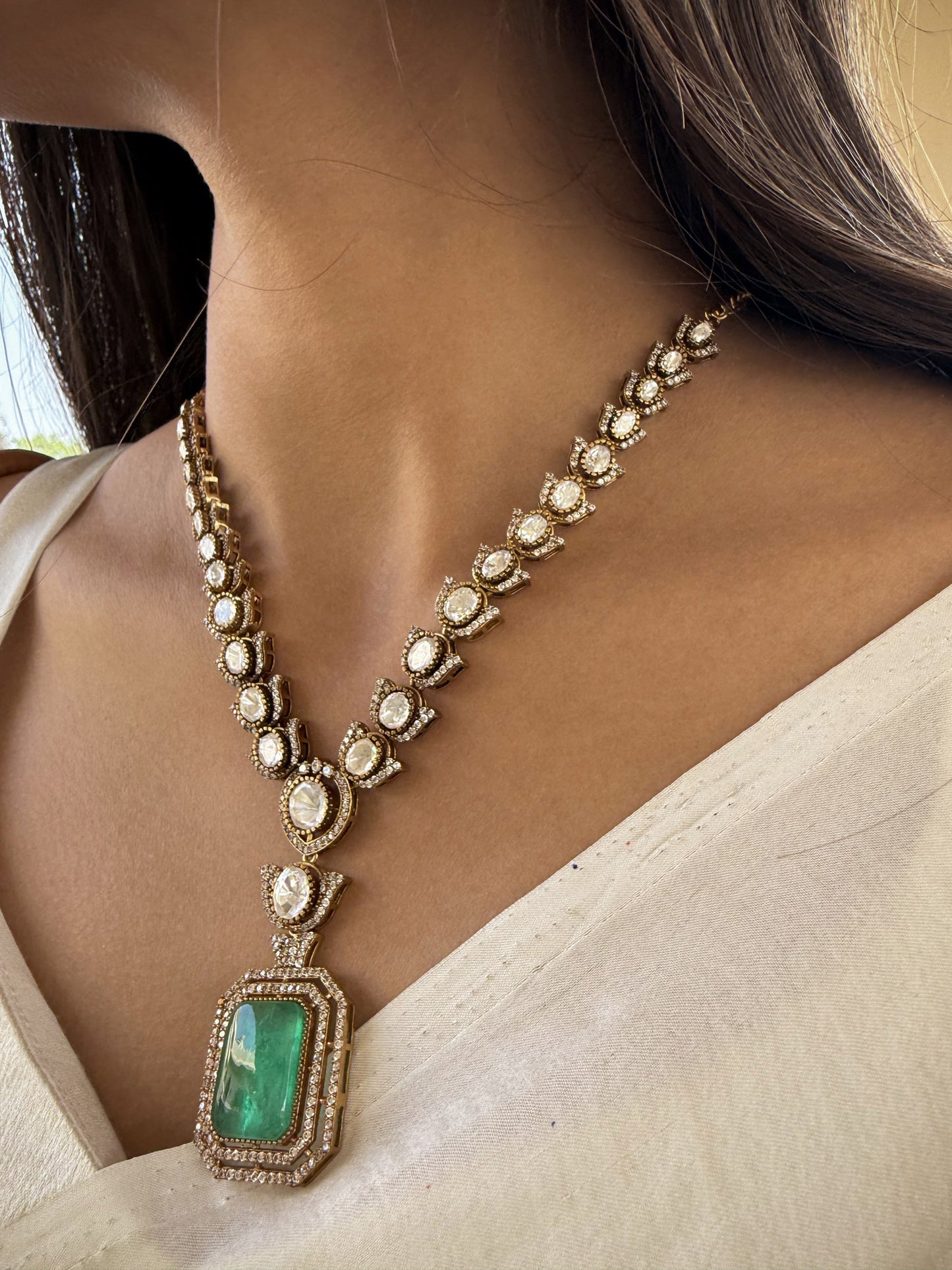Qaynat Emerald Green Square SP Necklace Set with Earrings