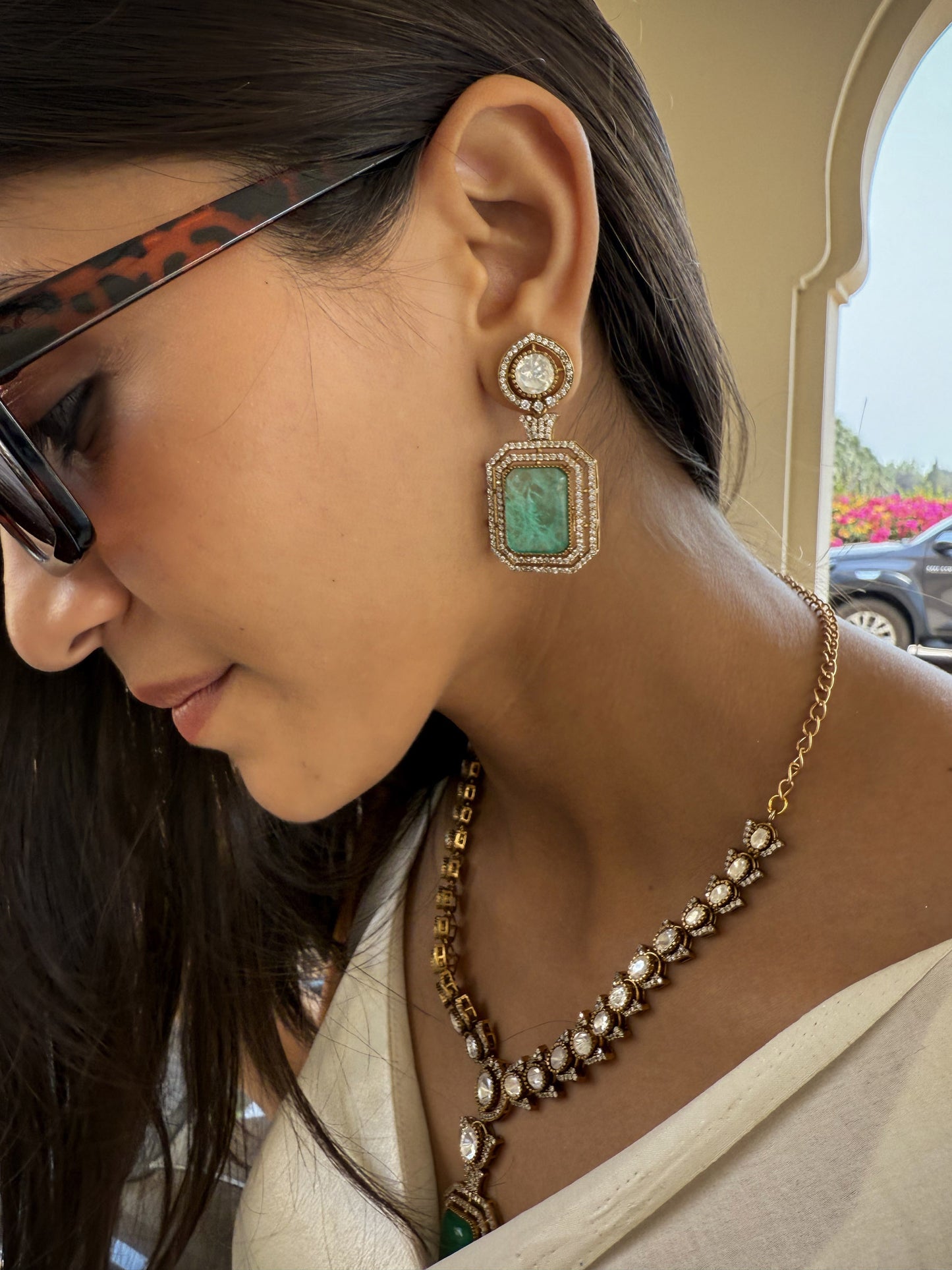 Qaynat Emerald Green Square SP Necklace Set with Earrings