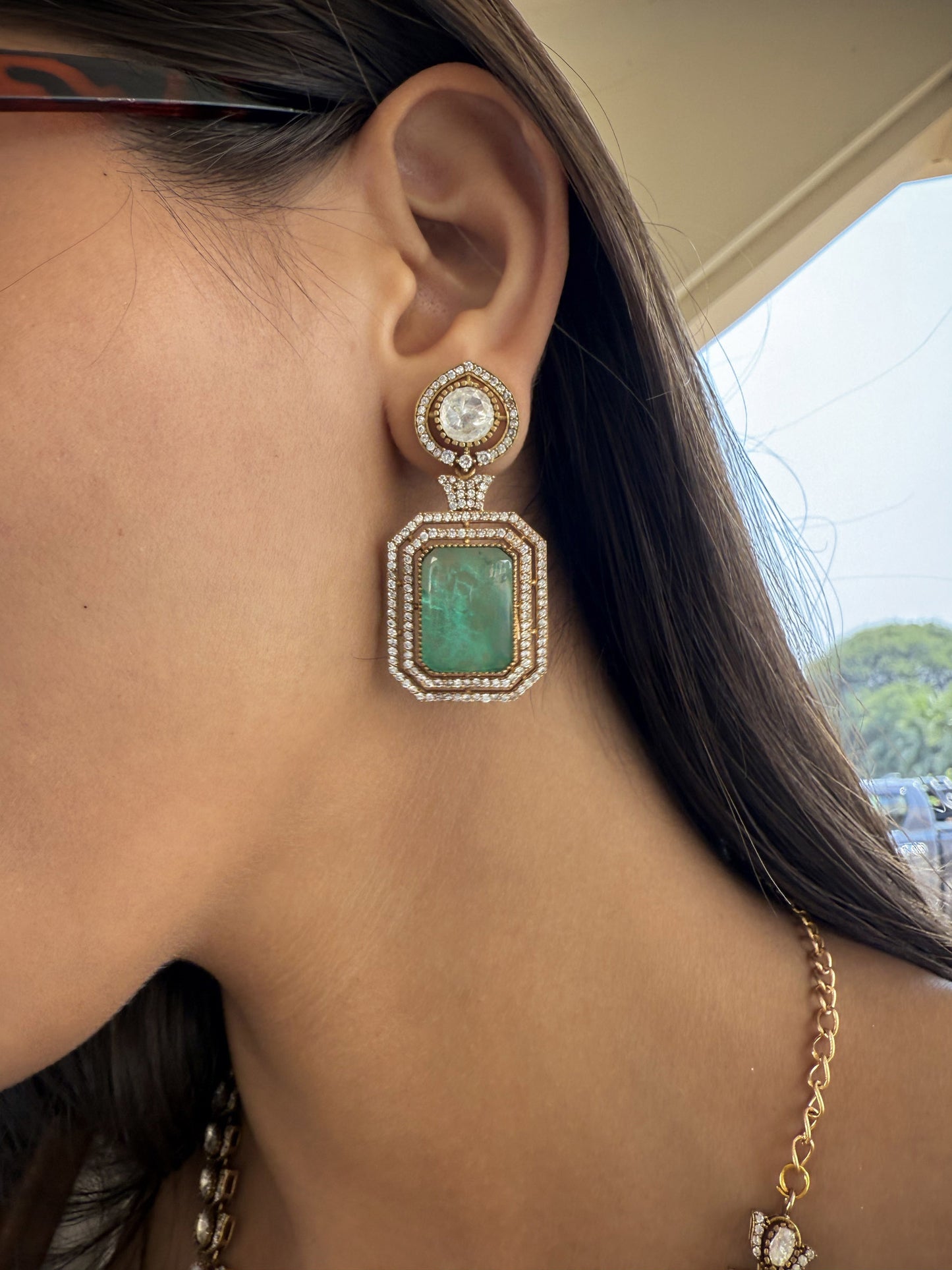 Qaynat Emerald Green Square SP Necklace Set with Earrings