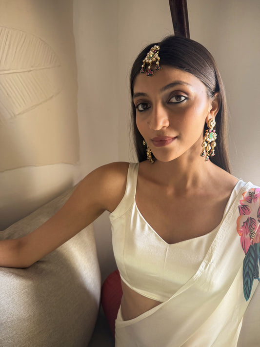 Aisha Bridal Ruby Green Multicoloured Stones SP Polki Maang Tika with Basra Pearls