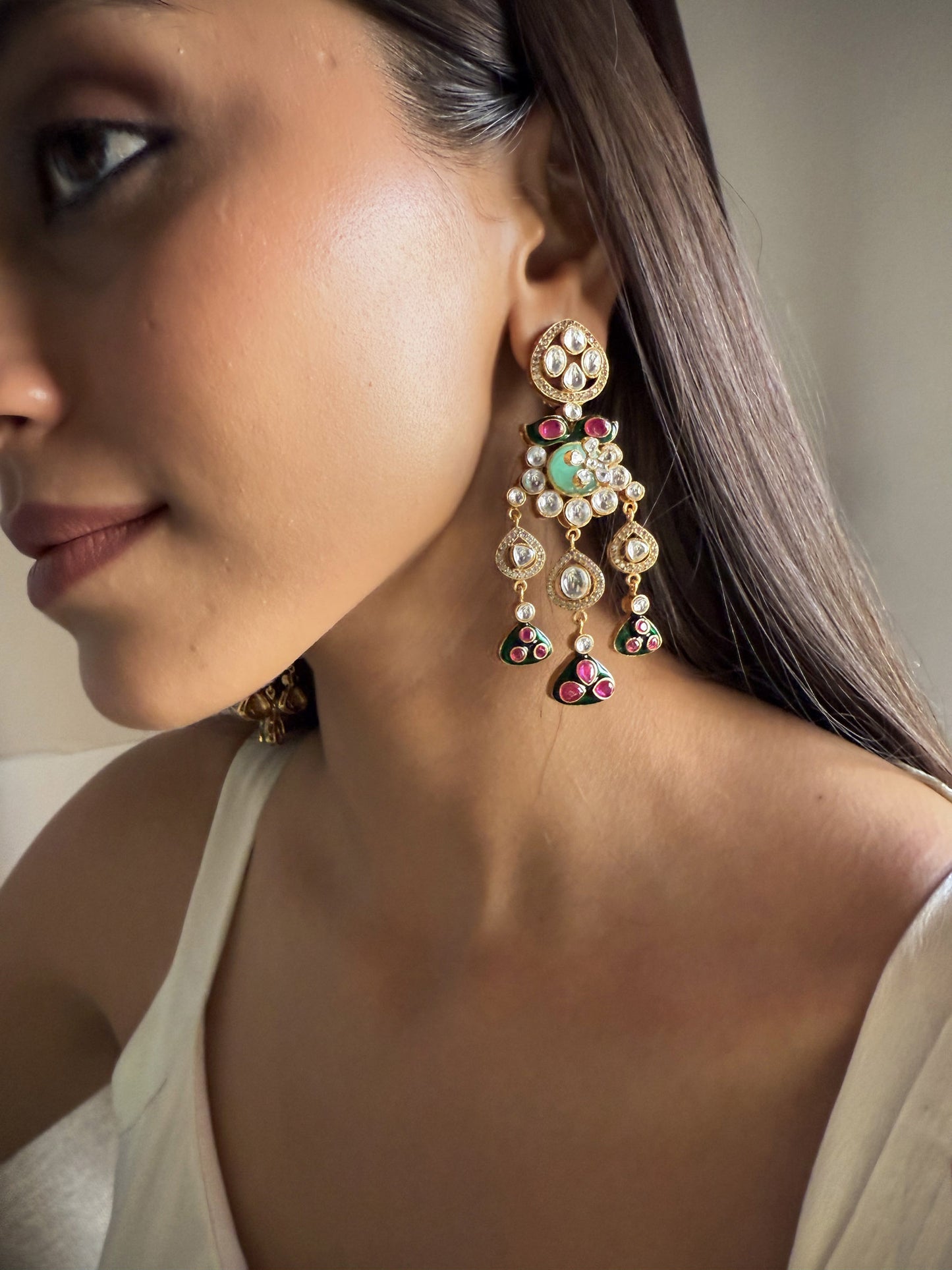 Aisha Bridal Set Ruby Green Multicoloured Stones SP Polki Basra Pearls