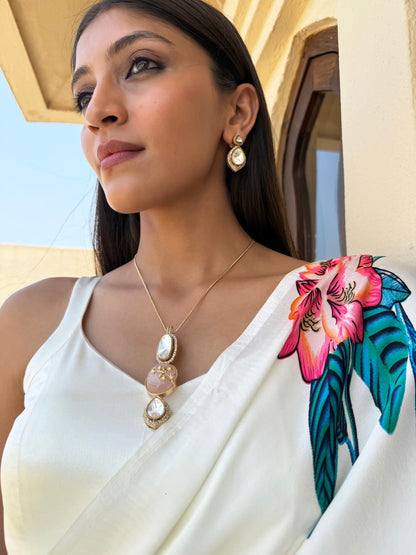 Pavithra Rose Quartz Pendant SP Necklace Set with Earrings