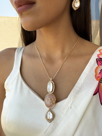 Pavithra Rose Quartz Pendant SP Necklace Set with Earrings