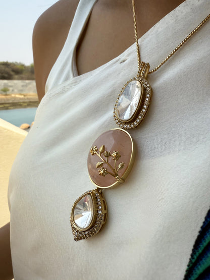 Pavithra Rose Quartz Pendant SP Necklace Set with Earrings