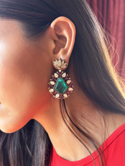 Maanavi Emerald Teardrop Multicolour SP Polki Earrings