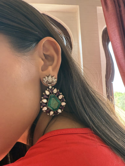 Maanavi Emerald Teardrop Multicolour SP Polki Earrings