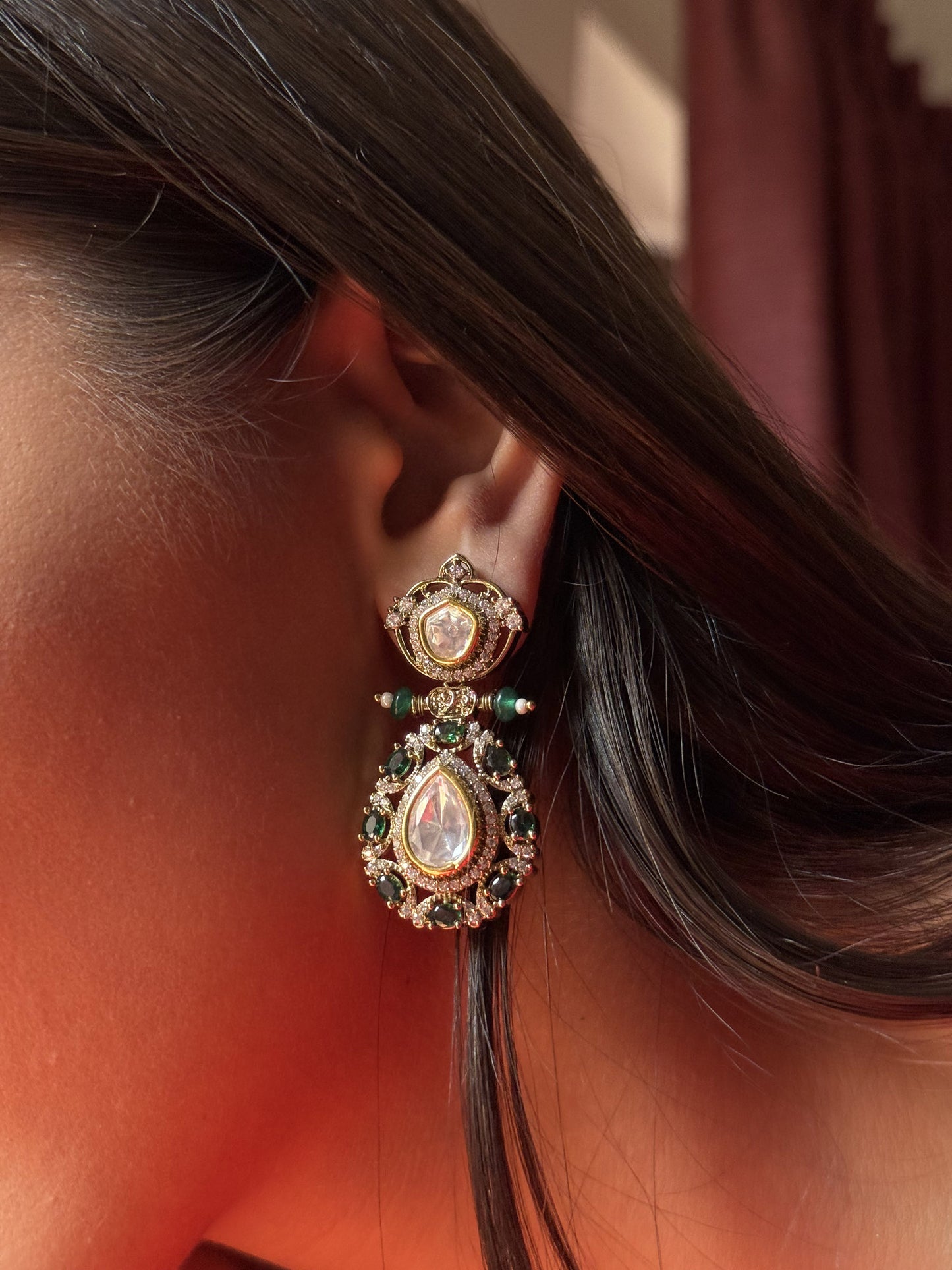 Bishakha Green Teardrop SP Polki Earrings