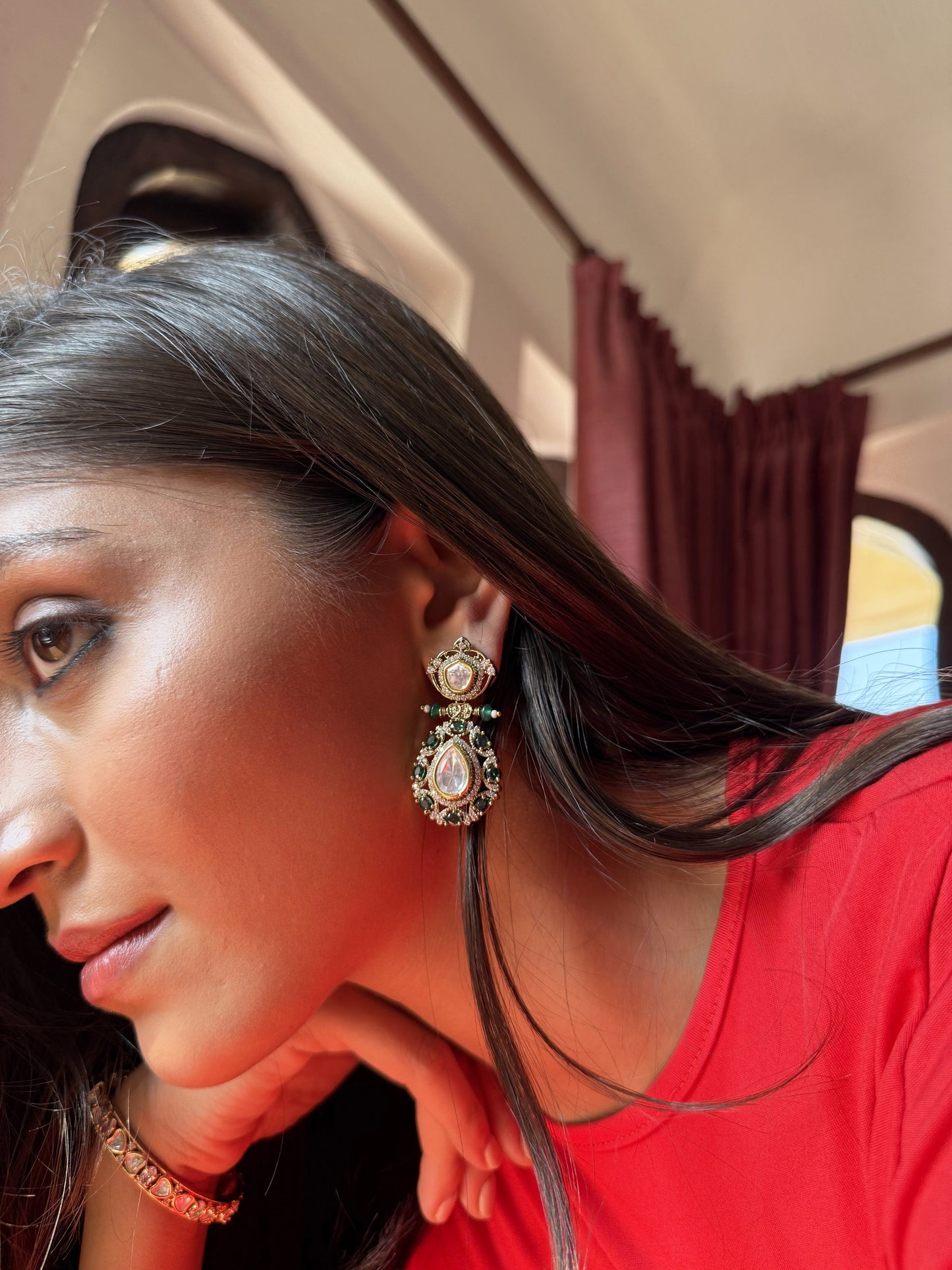 Bishakha Green Teardrop SP Polki Earrings