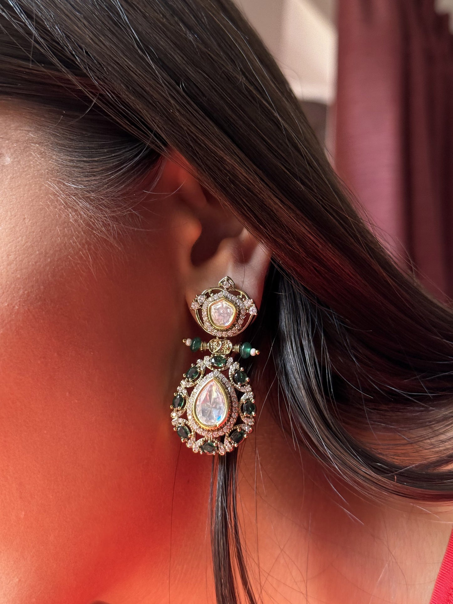 Bishakha Green Teardrop SP Polki Earrings